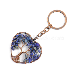 Natural Sodalite Pendant Keychains, with Brass Findings and Alloy Key Rings, Heart with Tree of Life, 10.7cm(HEAR-PW0001-148H)