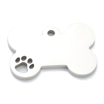 304 Stainless Steel Pet Pendants, Dog Bone, Stainless Steel Color, 17x25x2mm, Hole: 2mm