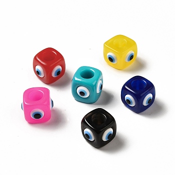 Resin Evil Eye European Beads, Large Hole Bead, Cube, Mixed Color, 12.5x14~14.5x14~14.5mm, Hole: 6mm