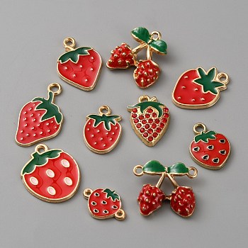 Alloy Enamel Pendants, Strawberry Charms, with Rhinestone, Golden, Mixed Color, 15~24x12~17x1~5.5mm, Hole: 1~2mm, 10Pcs/set