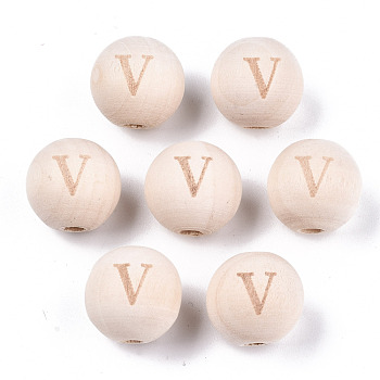 Unfinished Natural Wood European Beads, Large Hole Beads, Laser Engraved Pattern, Round with Word, Letter.V, 15~16x14~15mm, Hole: 4mm