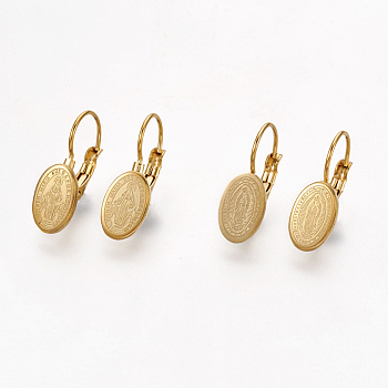 304 Stainless Steel Hoop Earrings, Hypoallergenic Earrings, Oval with Virgin Mary, Golden, 20~23mm, Pin: 0.8mm