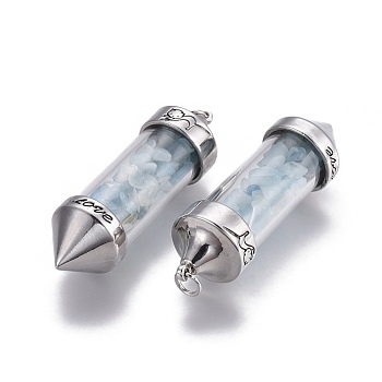 Natural Aquamarine Big Pointed Pendants, Dowsing Pendulum Pendants Making, with Brass Findings, Bullet, Antique Silver, 57x17mm, Hole: 4mm