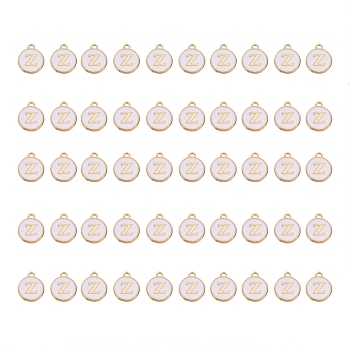 Golden Plated Alloy Charms, with Enamel, Enamelled Sequins, Flat Round, White, Letter.Z, 14x12x2mm, Hole: 1.5mm, 50pcs/Box