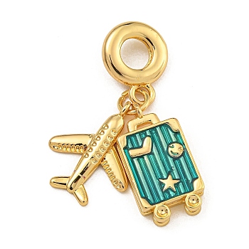 Rack Plating Brass Dark Cyan Enamel European Dangle Charms, Aircraft & Luggage Large Hole Pendants, Long-Lasting Plated, Real 18K Gold Plated, 32mm, Hole: 5mm