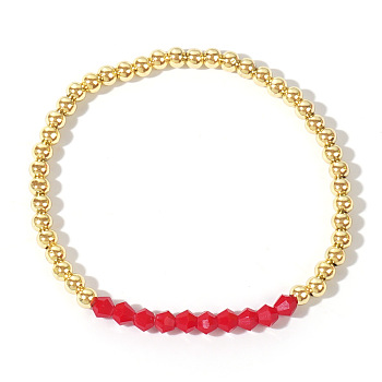 Colorful Birthstone Faceted Bicone & Brass Beaded Stretch Bracelets for Women, Red, 6-7/8 inch(17.5cm)