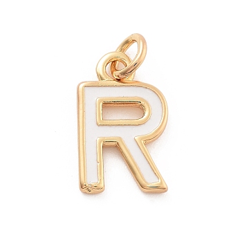 Rack Plating Brass Pendants, with Enamel and Jump Ring, Cadmium Free & Lead Free, Long-Lasting Plated, Real 18K Gold Plated, Letter, Letter R, 11.5x7x1mm, Hole: 2.5mm