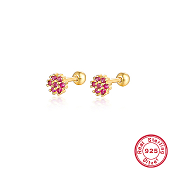 Real 18K Gold Plated 925 Sterling Silver Flower Stud Earrings, with Cubic Zirconia, Deep Pink, 5mm