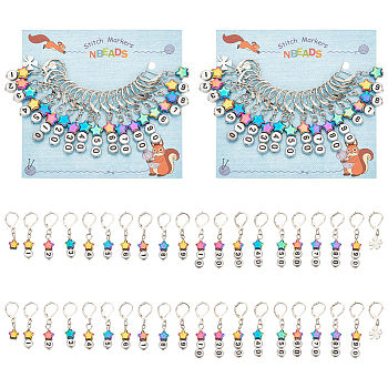 Star/Flat Round/Clover Pendant Stitch Markers, Acrylic & Electroplate Glass Crochet Leverback Hoop Charms, Locking Stitch Marker with Wine Glass Charm Ring, Mixed Color, 3~4.5cm, 20pcs/set