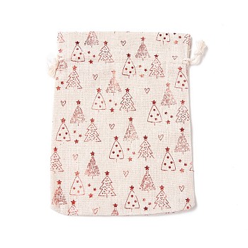 Cotton and Linen Packing Pouches, Drawstring Bags, for Candy Wrapper Gift Christmas Party Supplies, Rectangle, Tree Pattern, 18x13x0.5cm