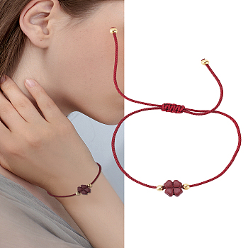 1Pc Adjustable Fibre Cord Braided Bracelets, Vermilion Clover Jewelry for Women Men, Dark Red, 11-3/4 inch(30cm), Inner Diameter: 3-3/4 inch(9.5cm)