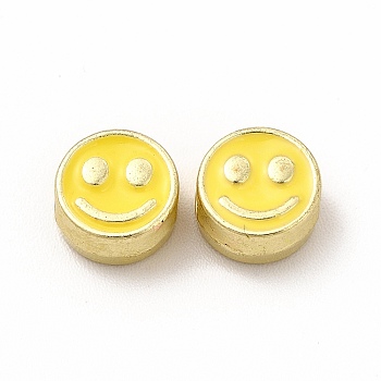 Rack Plating Alloy Enamel Beads, Cadmium Free & Nickel Free & Lead Free, Flat Round with Smiling Face Pattern, Light Gold, Gold, 7.5x4mm, Hole: 2mm
