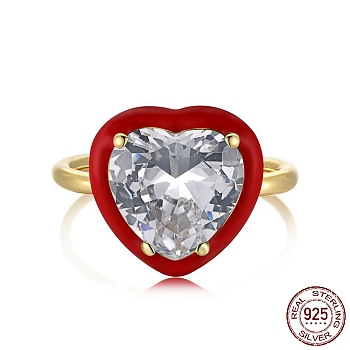 925 Sterling Silver Finger Rings, Birthstone Ring, Real 18K Gold Plated, with Enamel & Cubic Zirconia for Women, Heart, Red, 1.8mm, US Size 7(17.3mm)