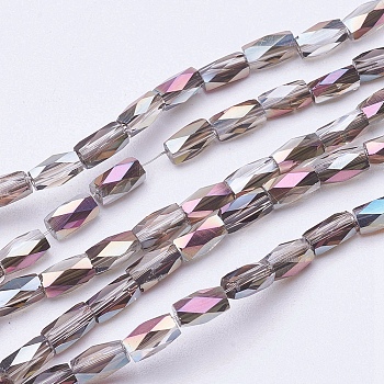 Electroplate Transparent Glass Beads Strands, Half Rinbow Plated, Faceted, Column, Thistle, 5x3mm, Hole: 0.5mm, about 100pcs/strand, 19.4 inch