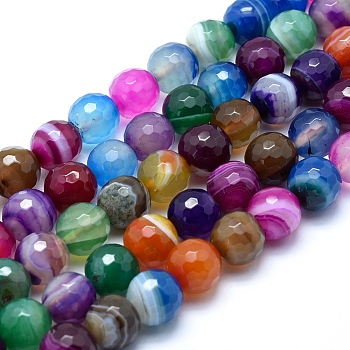 Natural Striped Agate/Banded Agate Beads, Dyed, Faceted Round, Mixed Color, 8mm, Hole: 1mm, about 48pcs/strand, 14.1 inch(36cm)