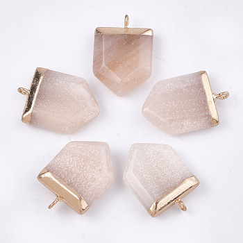 Electroplate Natural Pink Aventurine Pendants, with Iron Findings, Faceted, Pentagon, Golden, 28~31x20~21x6~8mm, Hole: 1.8mm