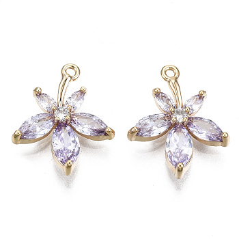 Real 18K Gold Plated Brass Micro Pave Cubic Zirconia Pendants, Nickel Free, Flower, Lilac, 16x13x3mm, Hole: 0.9mm