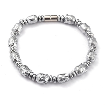 Electroplate Magnetic Synthetic Hematite Beaded Bracelets, Buddha Head & Flat Round, Platinum, 8-1/2 inch(21.5cm)