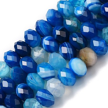 Natural Banded Agate/Striped Agate Beads Strands, Dyed & Heated, Faceted Rondelle, Blue, 6x4mm, Hole: 1mm, about 93pcs/strand, 15.39~15.43''(39.1~39.2cm)
