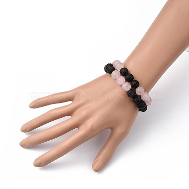 Natural Rose Quartz & Lava Rock Beaded Stretch Bracelets Sets(BJEW-JB05416-02)-4
