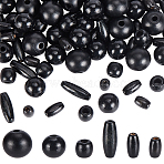 120Pcs 6 Styles Natural Wood Beads, Round, Black, 12~23x7~16mm, Hole: 2.5~5mm, 20pcs/style(WOOD-GA0001-84)