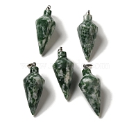 Natural Green Spot Jasper Pendants, Cone Charms with Rack Plating Platinum Plated Brass Snap on Bails, 36~36.5x15~15.5mm, Hole: 5~6.5x2mm(G-Z055-02P-08)