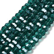 Faceted(32 Facets) Electroplate Glass Bead Strands, Pearl Luster Plated, Round, Teal, 4mm, Hole: 0.5mm; about 100pcs/strand; 14.2 inch(X-EGLA-R015-4mm-13)