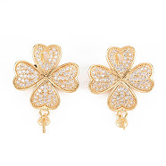 Brass Micro Pave Clear Cubic Zirconia Peg Bails Pendants, for Half Drilled Bead, Nickel Free, Four Leaf Clover, Real 18K Gold Plated, 27x18.5x6mm, Hole: 2mm, Pin: 0.8mm(KK-T062-156G-NF)