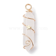 Natural Quartz Crystal Double Terminal Pointed Pendants, Rock Crystal Faceted Bullet Charms with Star Copper Wire Wrapped, Light Gold, 36~37x10~10.5x11mm, Hole: 3.5mm(PALLOY-JF02672-05)