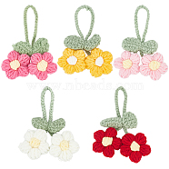 5Pcs 5 Colors Crochet Puff Flower Pendant Decorations with Adjustable Leaf, Cotton Yarn Knitting 5-Petal Flower, for Costume, Bag, Keychain Ornament, Mixed Color, 115x85x12mm, 1pc/color(DIY-FG0004-12)