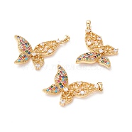 Brass Micro Pave Colorful Cubic Zirconia Charms, Long-Lasting Plated, Lead Free & Cadmium Free & Nickel Free, Butterfly, Real 18K Gold Plated, 33.5x21.5x4mm, Hole: 2.5x4mm(ZIRC-Z019-10G-NR)