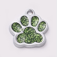 Alloy Enamel Charms, with Glitter Powder, Dog Paw Prints, Platinum, Sea Green, 17.7x16.6x2mm, Hole: 2mm(ENAM-TAC0001-05F)