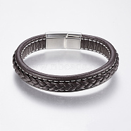 Braided Leather Cord Bracelets, with 304 Stainless Steel Magnetic Clasps, Coconut Brown, 8-5/8 inch(220mm), 29x14x8mm(BJEW-H561-07F)