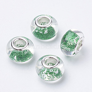 Resin European Beads, Large Hole Beads, with Glitter Powder & Platinum Tone Brass Double Cores, Rondelle, Sea Green, 14x9mm, Hole: 5mm(X-RPDL-T001-01O)