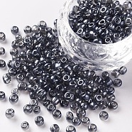 Glass Seed Beads, Trans. Colours Lustered, Round, Gray, 4mm, Hole: 1.5mm, about 4500pcs/pound(SEED-A006-4mm-112)