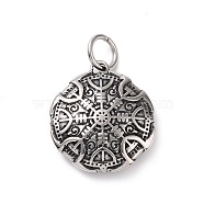 304 Stainless Steel Pendants, with Jump Ring, Flat Round with Helm of Awe, Antique Silver, 30x27x8mm, Hole: 7mm(STAS-J039-06AS)
