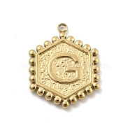 201 Stainless Steel Pendants, Golden, Hexagon with Letter Charm, Letter G, 21x16.5x2mm, Hole: 1.5mm(STAS-R227-01H-G)