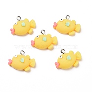Opaque Resin Pendants, with Platinum Tone Iron Loops, Fish, Yellow, 18x22x8mm, Hole: 2mm(RESI-G028-21P)
