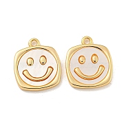 Natural White Shell Pendants, Rack Plating Brass Smiling Face Charms, Real 18K Gold Plated, 16x13x2mm, Hole: 1.6mm(KK-A214-11G)