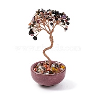 Natural Tourmaline Chips Tree Decorations, Ceramic Bowl Base Copper Wire Feng Shui Energy Stone Gift for Home Desktop Decoration, 60~65x120~130mm(DJEW-M012-02H)