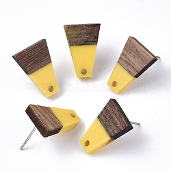 Resin & Walnut Wood Stud Earring Findings, with 304 Stainless Steel Pin, Trapezoid, Gold, 18x12.5mm, Hole: 1.8mm, Pin: 0.7mm(MAK-N032-001A-B02)