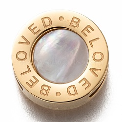 304 Stainless Steel Slide Charms, with Shell, Flat Round with Word Beloved, Golden, 12x3.5mm, Hole: 7.5x1.5mm(STAS-P270-25G)