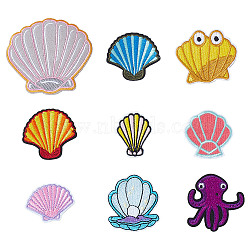 18Pcs 9 Styles Shell & Octopus Shape Polyester Applqiues, Iron on/Sew on Patches, Ornament Accessories, Mixed Color, 36~75x33~80x1.5~2mm, 2pcs/style(PATC-HY0001-37)