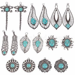 SUNNYCLUE 16Pcs 8 Style Tibetan Style Alloy Big Pendants, with Synthetic Turquoise, Autumn Pendants, Dragonfly & Leaf & Flower, Antique Silver, 34~66.8x15.5~32x6~8.5mm, Hole: 1.6~2.5mm, 2pcs/style(FIND-SC0003-61)