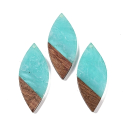 Resin & Wood Big Pendants, Leaf Charms, Aquamarine, 52.5x22x3.5mm, Hole: 2mm(WOOD-F015-12B)