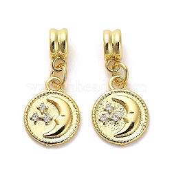 Rack Plating Brass Micro Pave Cubic Zirconia Charms, Long-Lasting Plated, Lead Free & Cadmium Free, Flat Round with Moon & Star, Real 18K Gold Plated, 26mm, Hole: 3.5mm(KK-S398-12A)