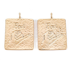 Brass Pendants, Nickel Free, Rectangle with Word Beat & Hand, Real 18K Gold Plated, 26x19x1mm, Hole: 2.5mm(KK-S356-530-NF)