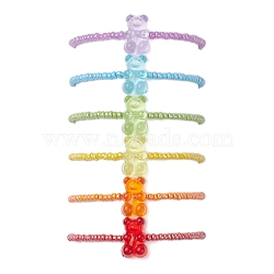 6 PCS Rainbow Style Bear Shape Acrylic Beaded Bracelets Set for Children, with Glass Seed Beads, Mixed Color, 1/8 inch(0.3~0.35cm), Inner Diameter: 1-3/4 inch(4.6cm), 6pcs/set(BJEW-JB10066)