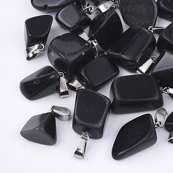 Natural Black Stone Pendants, with Stainless Steel Snap On Bails, Nuggets, 15~35x10~20x5~15mm, Hole: 3x7.5mm