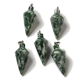 Natural Green Spot Jasper Pendants, Cone Charms with Rack Plating Platinum Plated Brass Snap on Bails, 36~36.5x15~15.5mm, Hole: 5~6.5x2mm